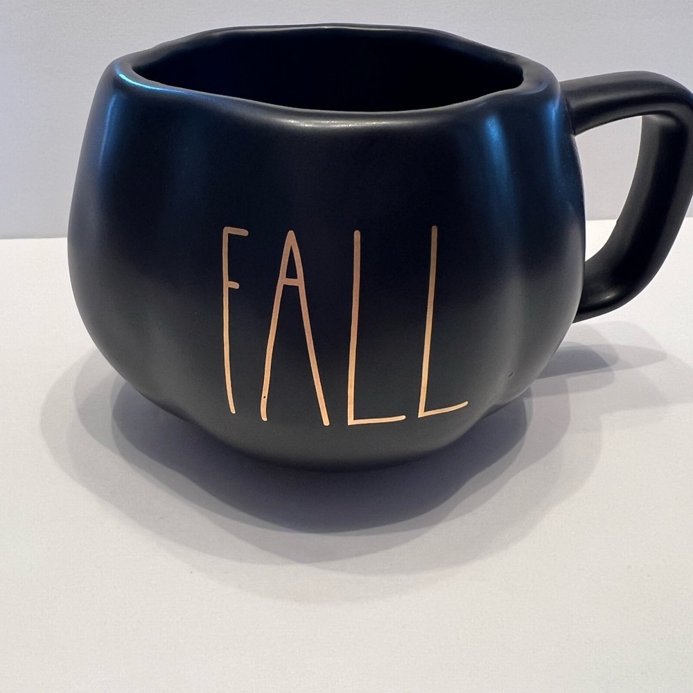NEW Rae Dunn 'FALL' Black Pumpkin Shaped Coffee Mug Tea Cup Gold Font NWOT